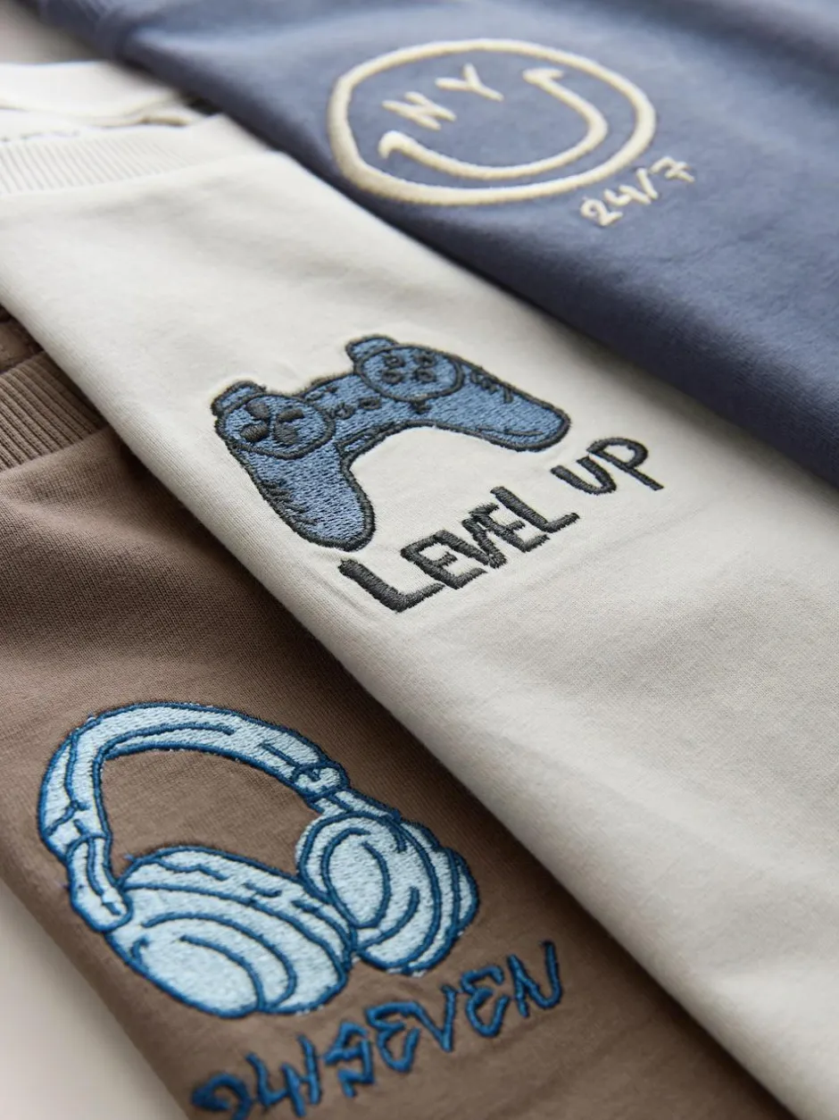 Next Graphic Long Sleeve T-Shirts 3 Pack (3-16yrs) Grey/Blue/Brown Embroidery
