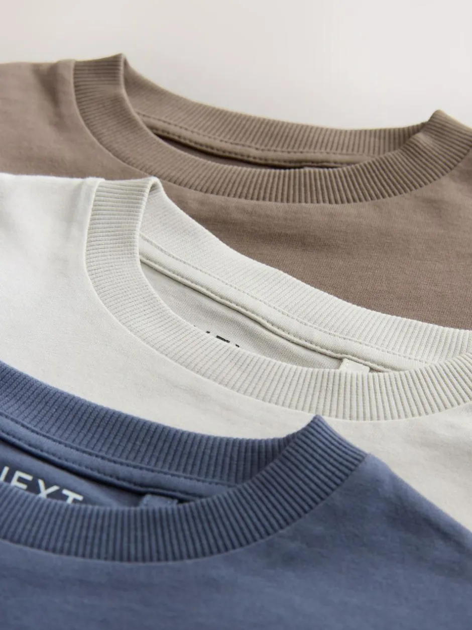 Next Graphic Long Sleeve T-Shirts 3 Pack (3-16yrs) Grey/Blue/Brown Embroidery