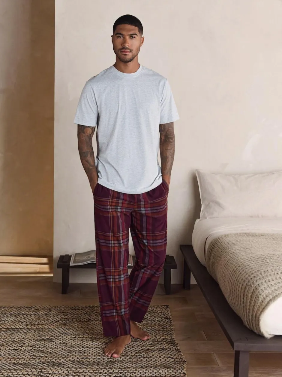 Next Motionflex Cosy Short Sleeve Pyjamas Set Grey/Burgundy Red Check New