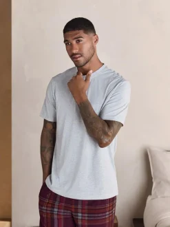 Next Motionflex Cosy Short Sleeve Pyjamas Set Grey/Burgundy Red Check New