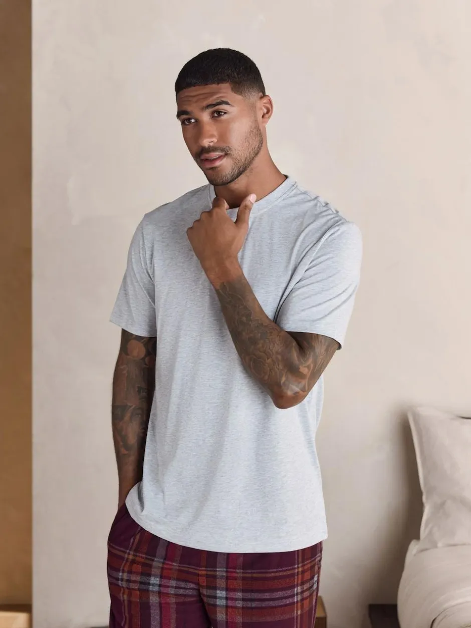 Next Motionflex Cosy Short Sleeve Pyjamas Set Grey/Burgundy Red Check New