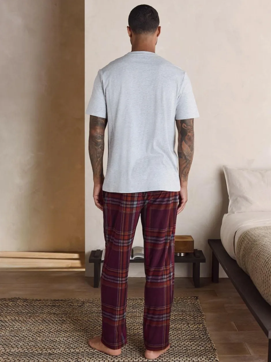 Next Motionflex Cosy Short Sleeve Pyjamas Set Grey/Burgundy Red Check New