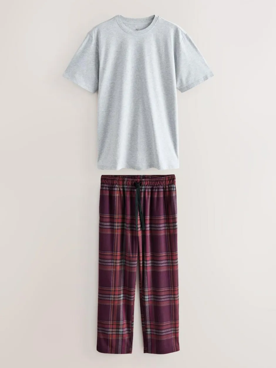 Next Motionflex Cosy Short Sleeve Pyjamas Set Grey/Burgundy Red Check New