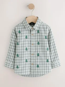 Next Grey/Ecru Long Sleeve All Over Embroidery Gingham Check Christmas Shirt (3mths-7yrs) New