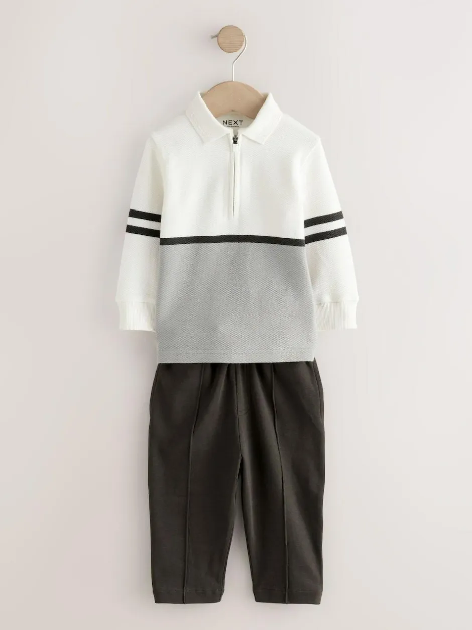 Next Long Sleeve Polo Shirt And Joggers Set (3mths-7yrs) Grey/White Zip Sale