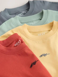 Next Short Sleeve Logo Chest Graphic T-Shirts 4 Pack (3-16yrs) Grey/Yellow/Mineral/Red New