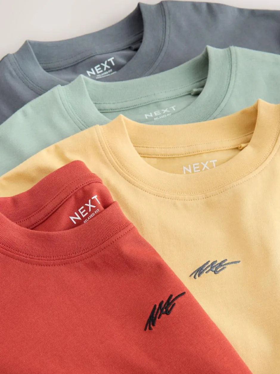 Next Short Sleeve Logo Chest Graphic T-Shirts 4 Pack (3-16yrs) Grey/Yellow/Mineral/Red New