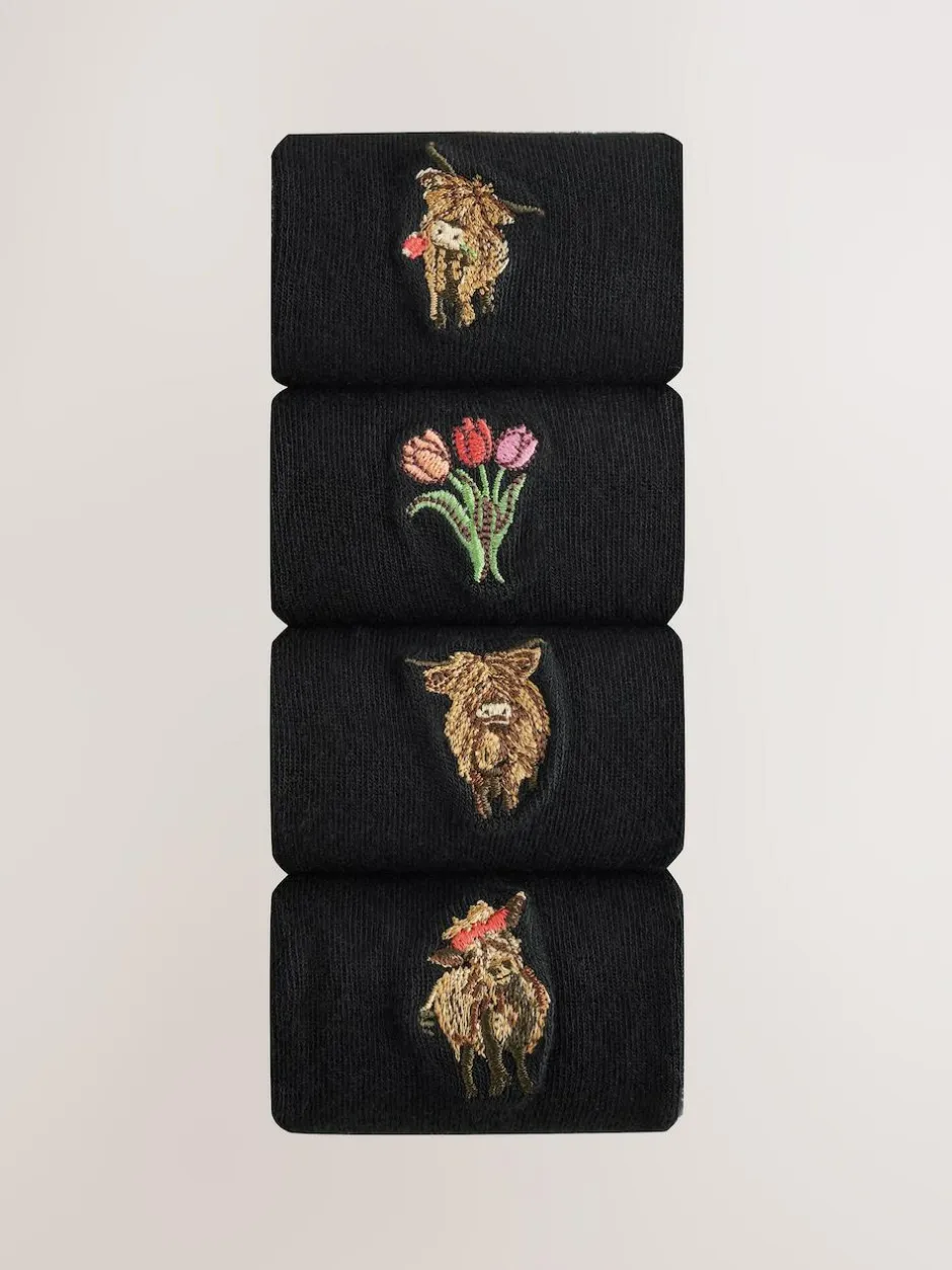 Next Hamish The Highland Cow / Tulips Embroidered Motif Ankle Socks 4 Pack Clearance