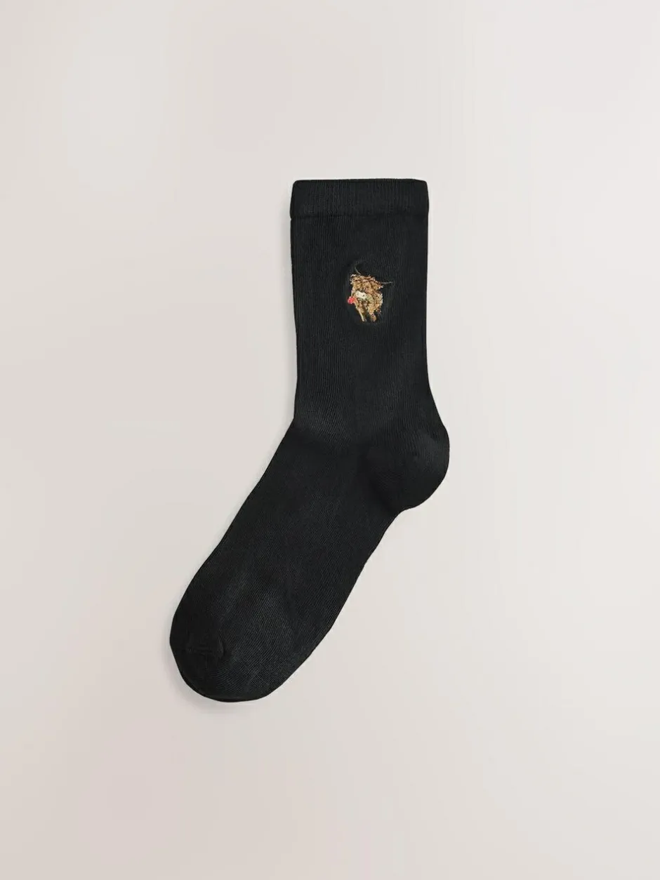 Next Hamish The Highland Cow / Tulips Embroidered Motif Ankle Socks 4 Pack Clearance