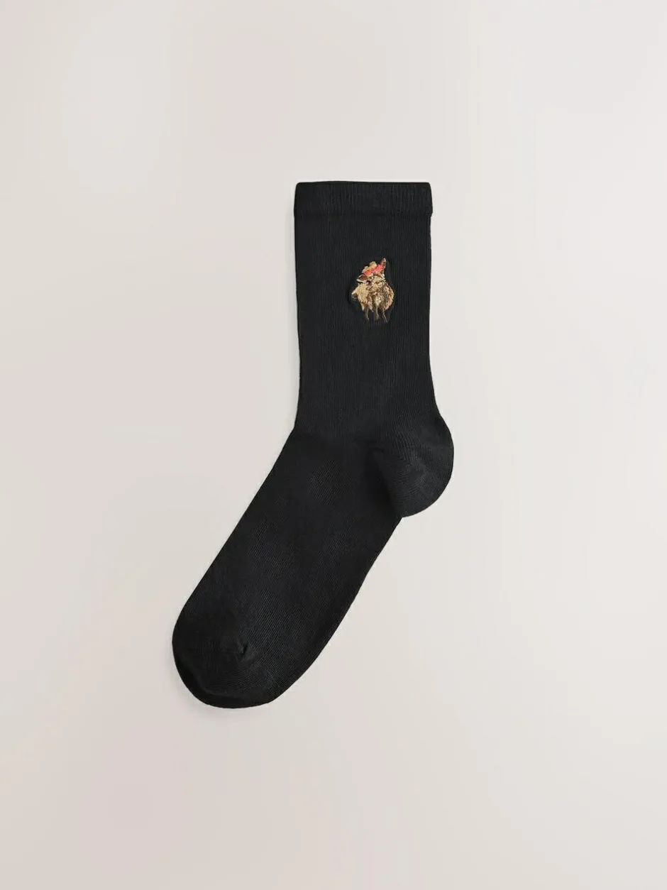 Next Hamish The Highland Cow / Tulips Embroidered Motif Ankle Socks 4 Pack Clearance