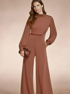 Hot Squash Wide Leg Jumpsuit with Blouson Sleeve Brown Sale