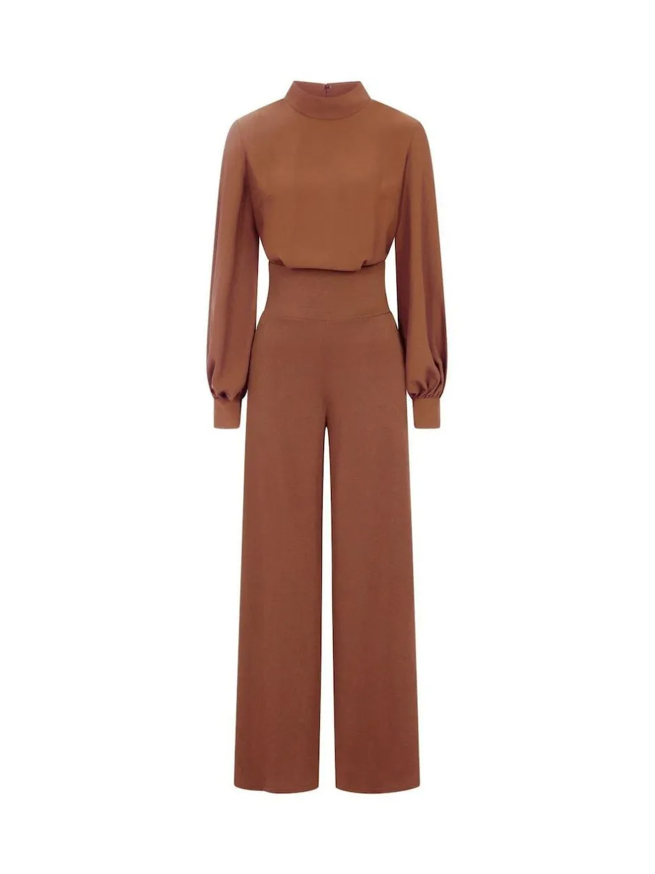 Hot Squash Wide Leg Jumpsuit with Blouson Sleeve Brown Sale
