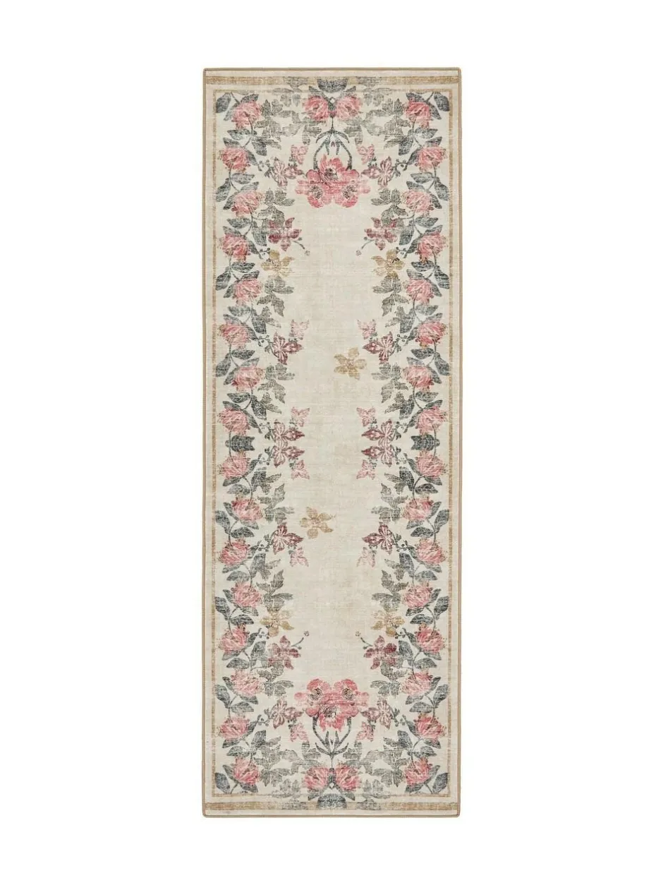 Hug Rug Cream and Floral Print British Made Washable Botantical Border Runner Clearance