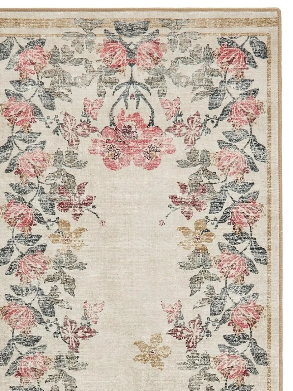 Hug Rug Cream and Floral Print British Made Washable Botantical Border Runner Clearance