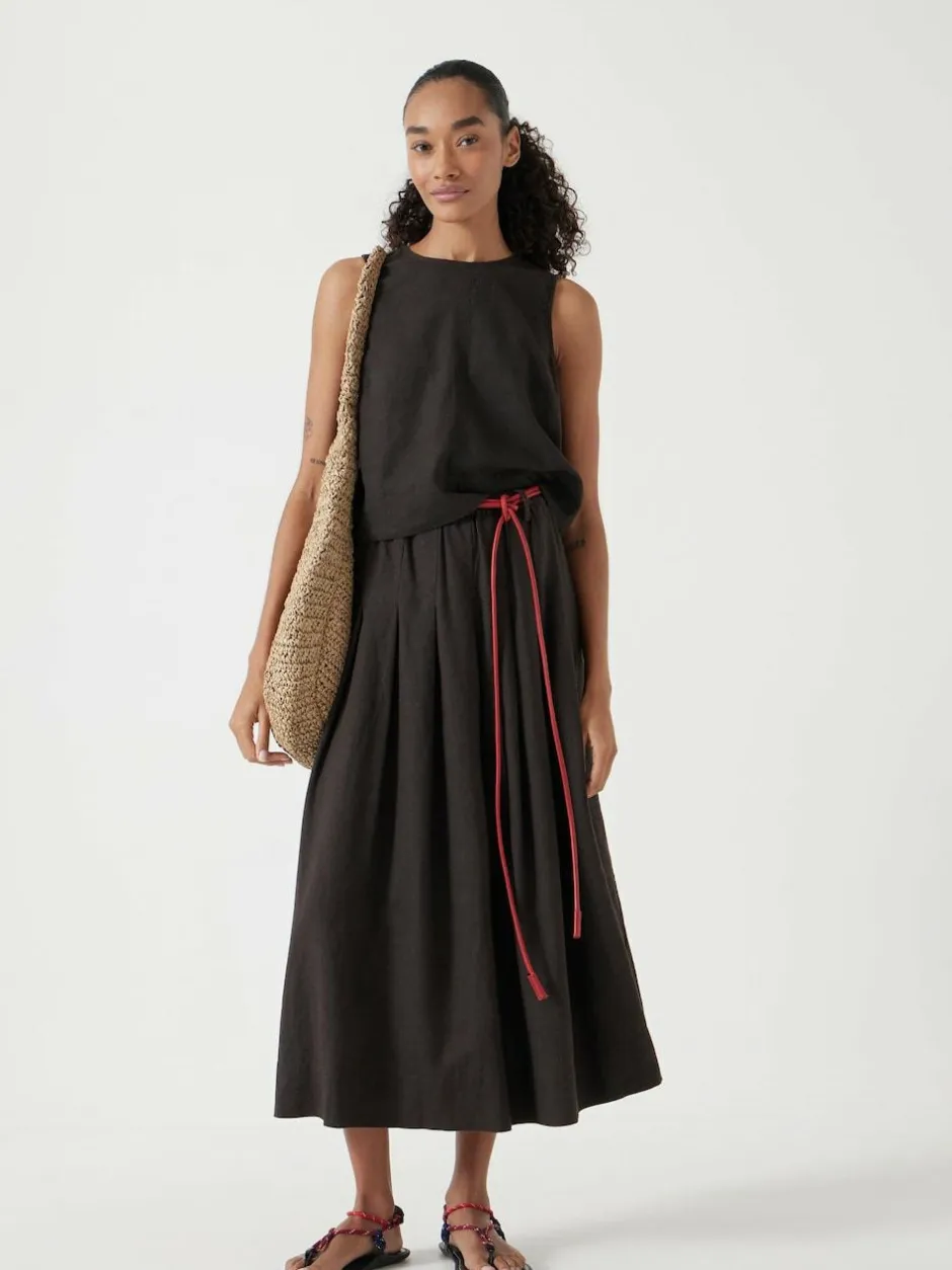 Hush Ivy Pleated Linen Blend Midi Skirt Dark Brown Hot
