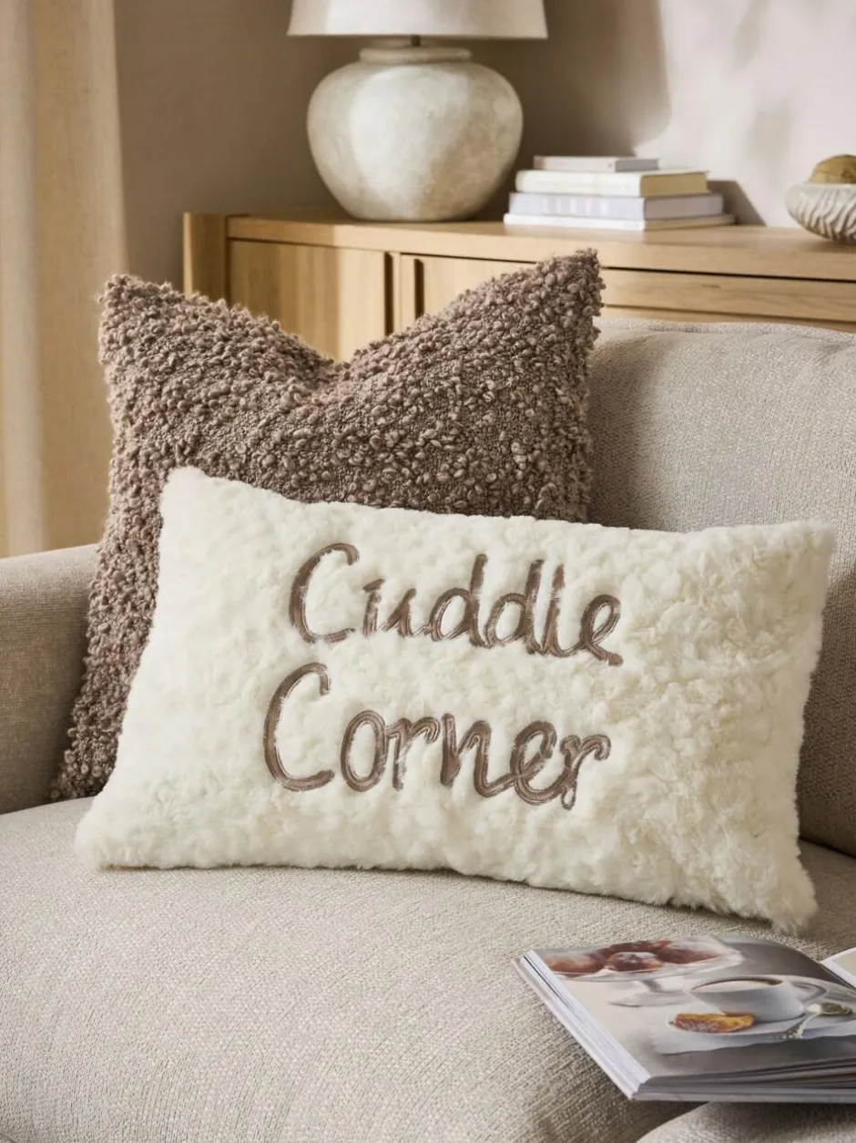Next Ivory 50 x 30cm Cuddle Corner Slogan Faux Fur Cushion