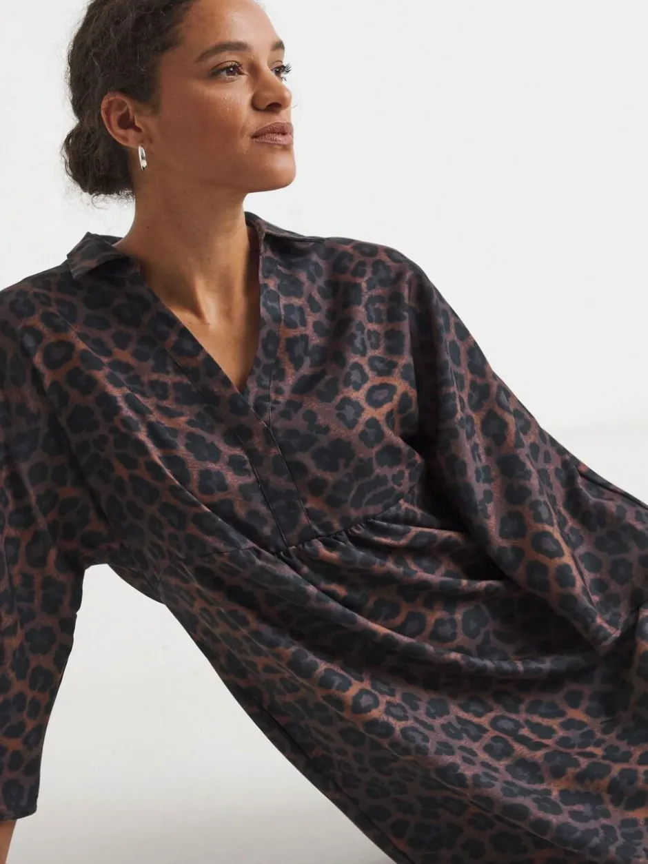 JD Williams Animal Collarless Placket 3/4 Sleeve Smock Dress Outlet