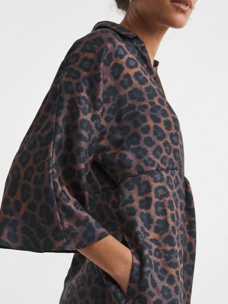 JD Williams Animal Collarless Placket 3/4 Sleeve Smock Dress Outlet