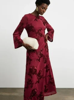 Joanna Hope Burgundy Red Magisculpt Textured Floral Maxi Dress New