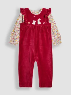 Jojo Maman Bébé Appliqué Velour Dungarees & Top Set Berry Bunny Hot
