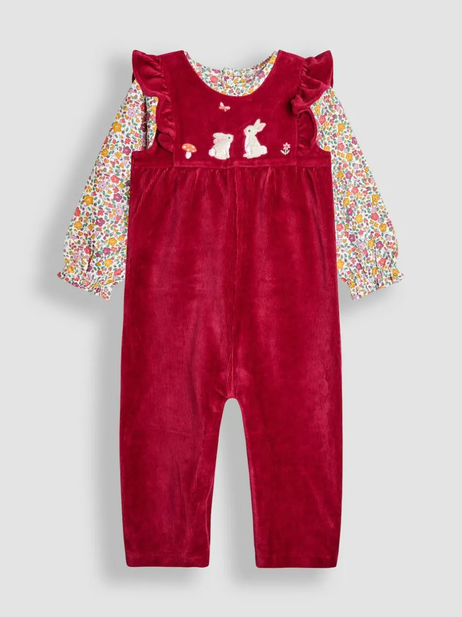 Jojo Maman Bébé Appliqué Velour Dungarees & Top Set Berry Bunny Hot