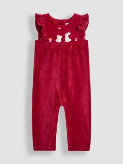 Jojo Maman Bébé Appliqué Velour Dungarees & Top Set Berry Bunny Hot