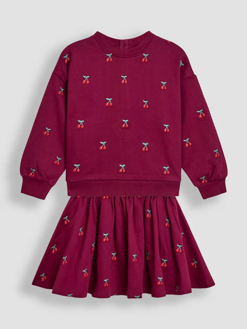 Jojo Maman Bébé Berry Red Cherry Embroidered Sweatshirt & Skirt Set Clearance