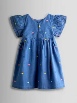 Jojo Maman Bébé Embroidered Frill Sleeve Dress Blue New