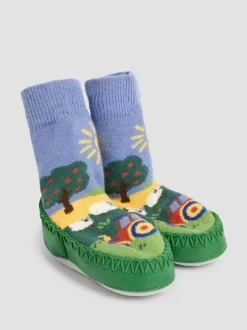 Jojo Maman Bébé Blue Farm Scene Moccasin Slipper Socks Sale
