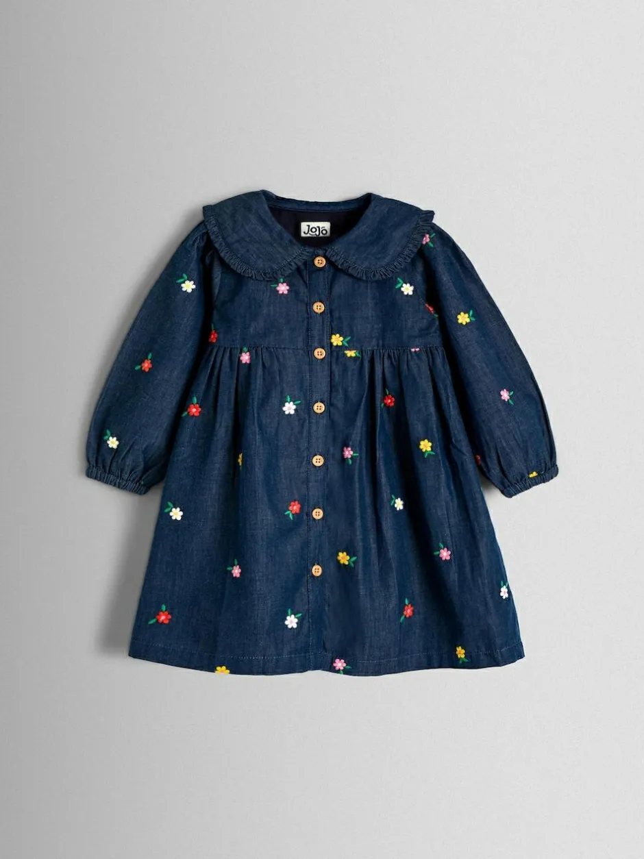 Jojo Maman Bébé Blue Heart Embroidered Chambray Dress Sale