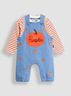 Jojo Maman Bébé 2-Piece Appliqué Dungarees & Print Top Set Blue Pumpkin New