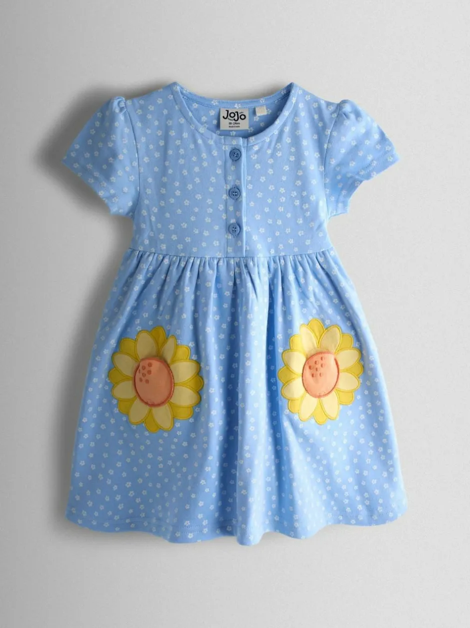 Jojo Maman Bébé Light Blue Sunflower Appliqué Pockets Button Front Dress Best