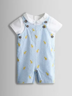 Jojo Maman Bébé Light Blue 2-Piece Chick Embroidered Dungarees & Body Set Hot