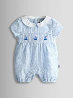 Jojo Maman Bébé Light Blue Boat Classic Smocked Romper New