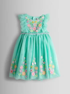 Jojo Maman Bébé Ruffle Tulle Appliqué Party Dress Light Green Hot