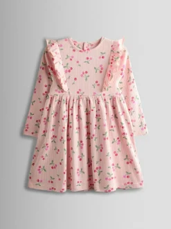 Jojo Maman Bébé Light Pink Cherry Frill Long Sleeve Dress New