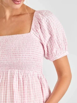 Jojo Maman Bébé Short Puff Sleeve Shirred Midi Dress Light Pink Online