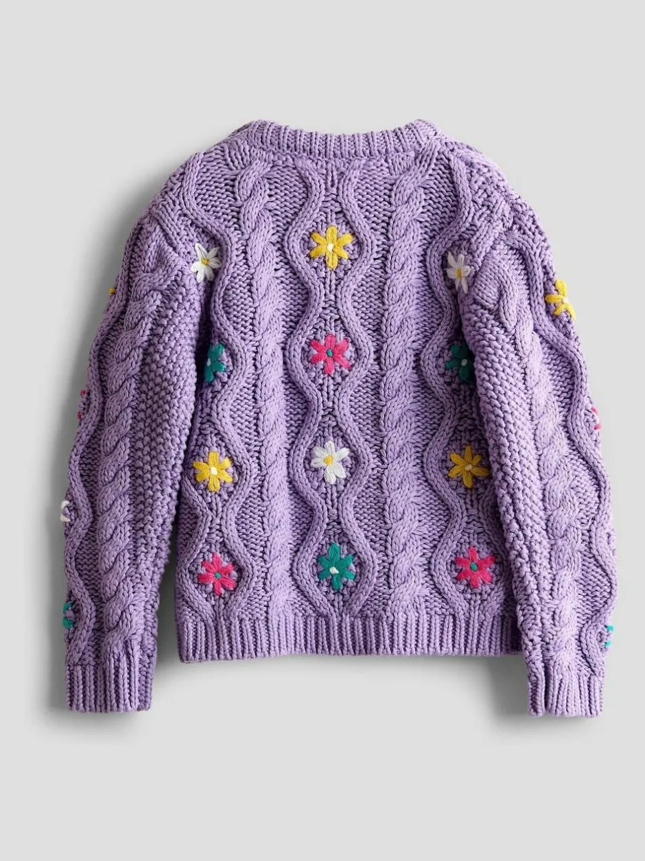 Jojo Maman Bébé Embroidered Chunky Knit Jumper Lilac Purple New