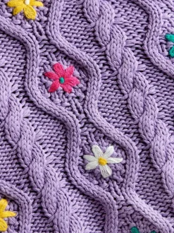 Jojo Maman Bébé Embroidered Chunky Knit Jumper Lilac Purple New