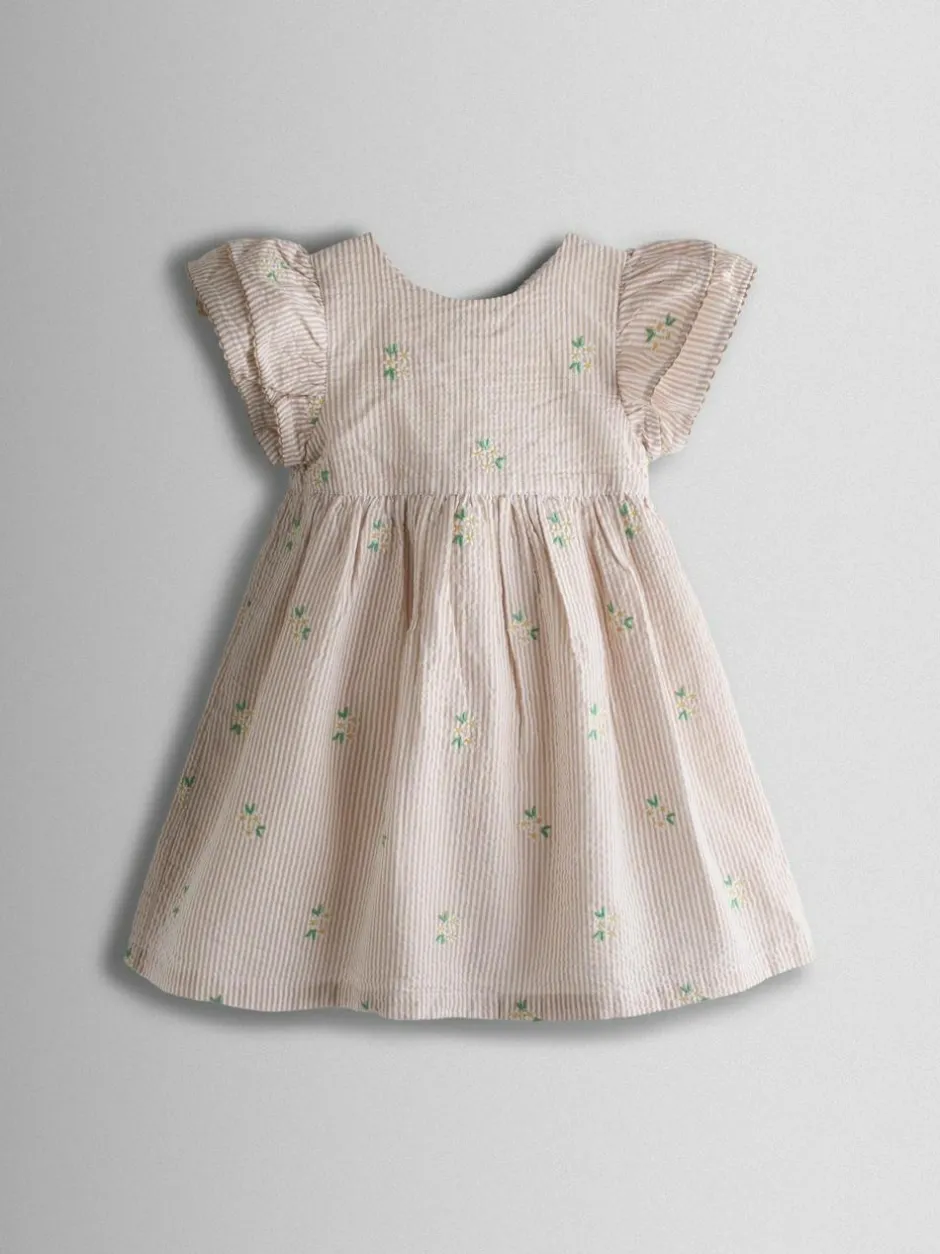 Jojo Maman Bébé Embroidered Frill Sleeve Dress Natural Striped Discount