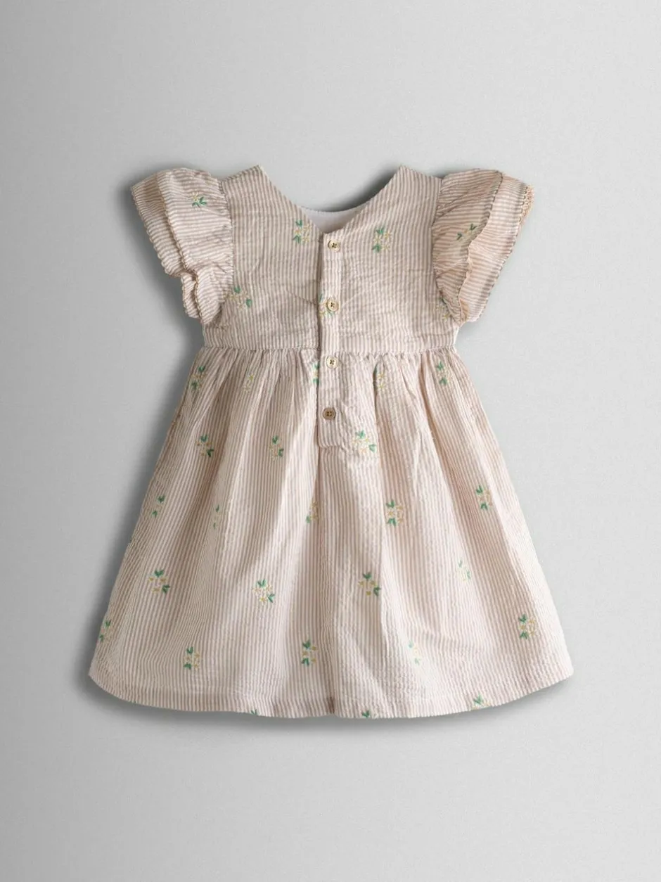Jojo Maman Bébé Embroidered Frill Sleeve Dress Natural Striped Discount