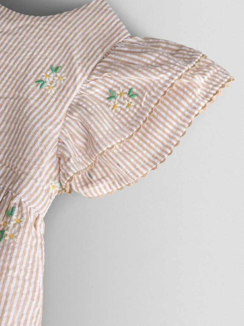 Jojo Maman Bébé Embroidered Frill Sleeve Dress Natural Striped Discount