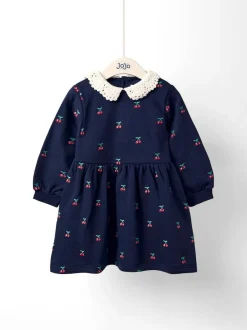 Jojo Maman Bébé Navy Blue Cherry Crochet Collar Embroidered Sweat Dress Discount