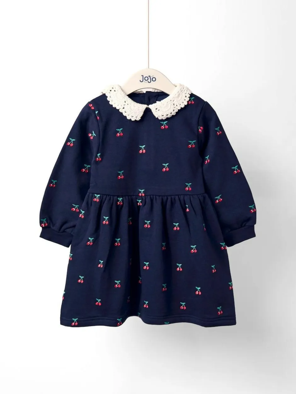 Jojo Maman Bébé Navy Blue Cherry Crochet Collar Embroidered Sweat Dress Discount