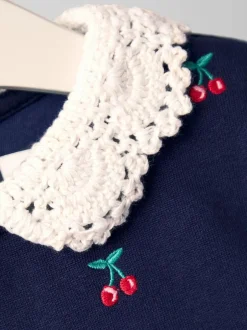 Jojo Maman Bébé Navy Blue Cherry Crochet Collar Embroidered Sweat Dress Discount