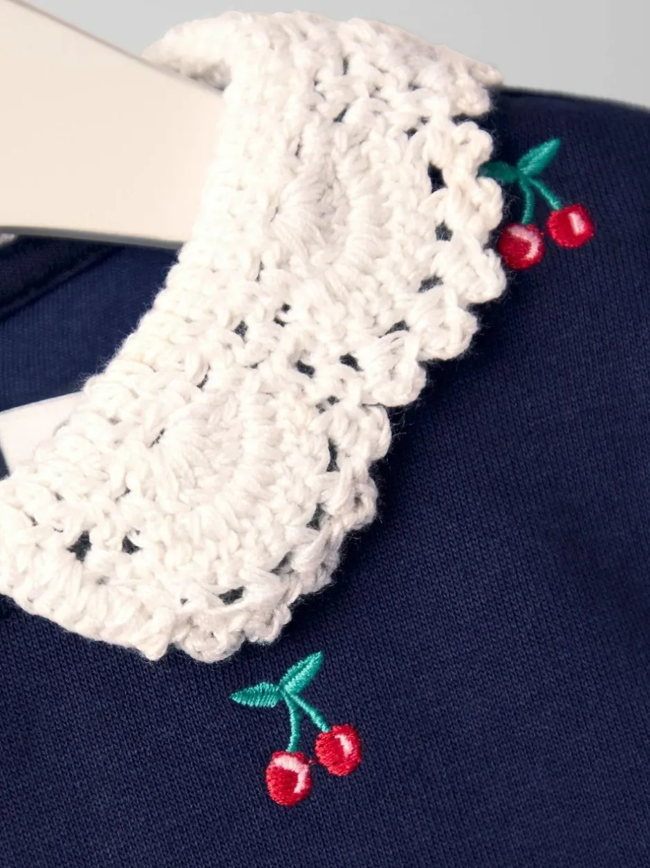 Jojo Maman Bébé Navy Blue Cherry Crochet Collar Embroidered Sweat Dress Discount