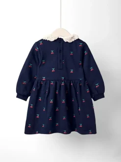 Jojo Maman Bébé Navy Blue Cherry Crochet Collar Embroidered Sweat Dress Discount