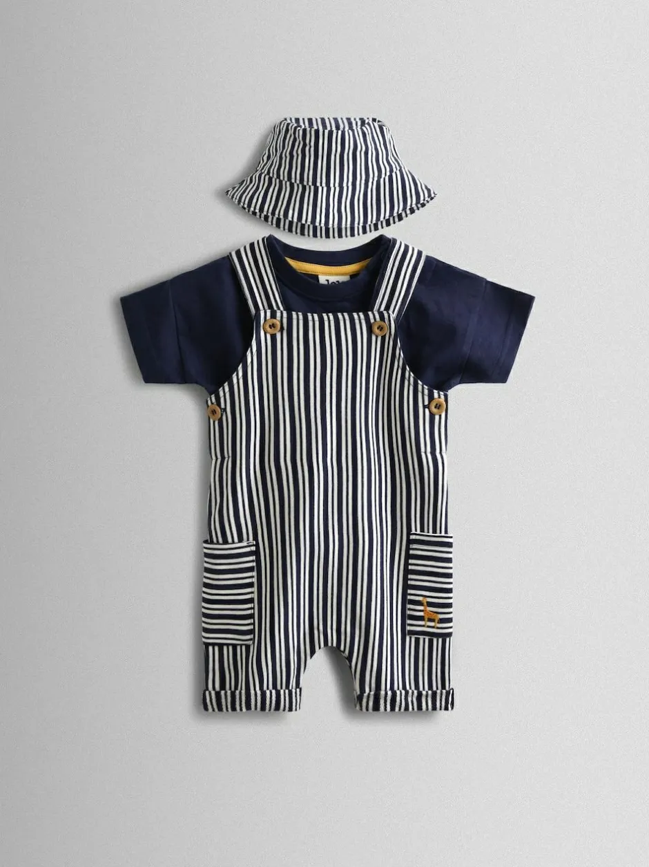 Jojo Maman Bébé Navy Blue Stripe Dungarees, T-Shirt & Hat 3-Piece Set New