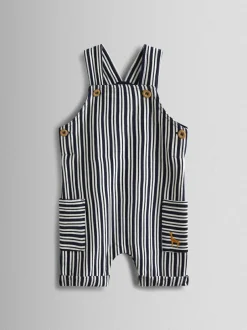 Jojo Maman Bébé Navy Blue Stripe Dungarees, T-Shirt & Hat 3-Piece Set New