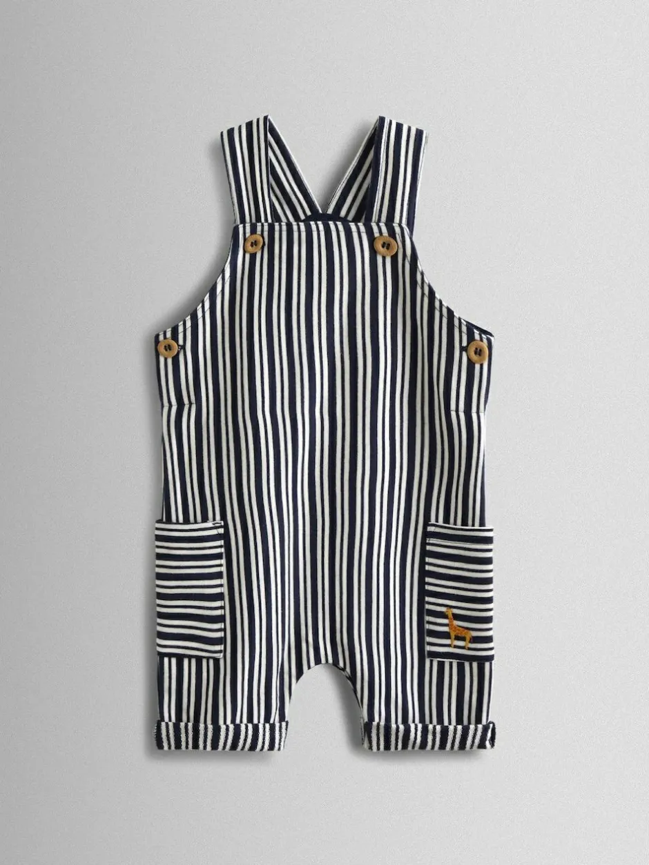 Jojo Maman Bébé Navy Blue Stripe Dungarees, T-Shirt & Hat 3-Piece Set New